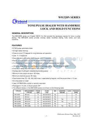 W91320AN datasheet - TONE/PULSE DIALER WITH HANDFREE LOCK AND HOLD FUNCTION