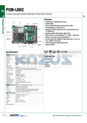 TF-PCM-LN02-A10 datasheet - Compact Board with Onboard Intel Atom N455/D525 Processor