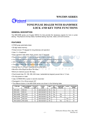 W91331AN datasheet - TONE/PULSE DIALER WITH HANDFREE LOCK AND KEY TONE FUNCTION