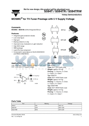S594T datasheet - MOSMIC^ for TV-Tuner Prestage with 5 V Supply Voltage