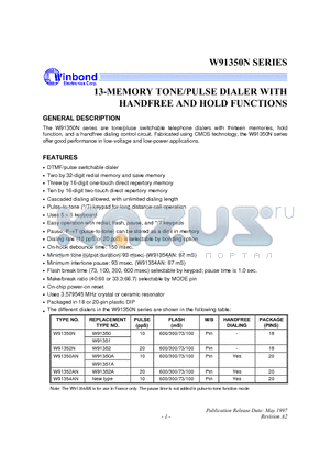 W91352AN datasheet - 13-MEMORY TONE/PULSE DIALER WITH HANDFREE AND HOLD FUNCTION