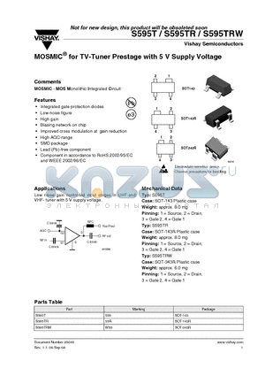 S595T datasheet - MOSMIC^ for TV-Tuner Prestage with 5 V Supply Voltage