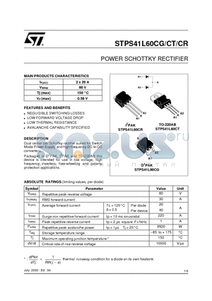STPS41L60CG datasheet - POWER SCHOTTKY RECTIFIER