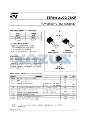 STPS41L60CR datasheet - POWER SCHOTTKY RECTIFIER