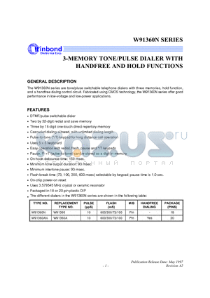 W91360N datasheet - 3-MEMORY TONE/PULSE DIALER WITH HANDFREE AND HOLD FUNCTION