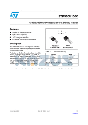 STPS50U100C datasheet - Ultralow forward voltage power Schottky rectifier