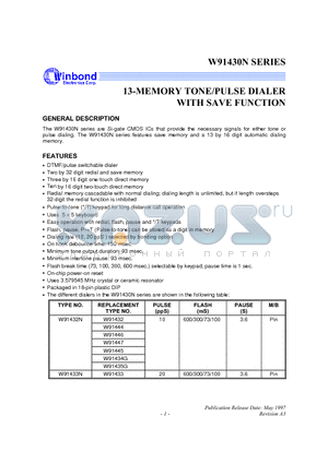 W91433N datasheet - 13-MEMORY TONE/PULSE DIALER WITH SAVE FUNCTION