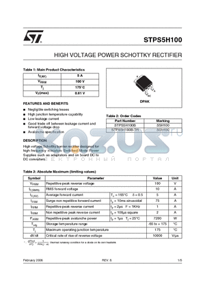 STPS5H100 datasheet - HIGH VOLTAGE POWER SCHOTTKY RECTIFIER