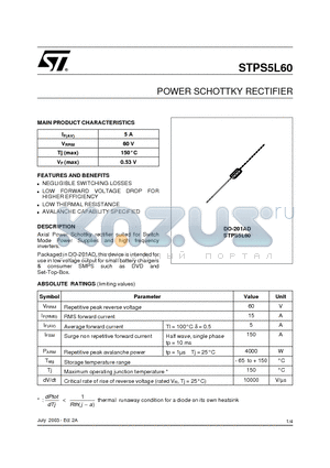 STPS5L60RL datasheet - POWER SCHOTTKY RECTIFIER