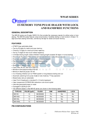 W9145A datasheet - 15-MEMORY TONE/PULSE DIALER WITH LOCK AND HANDFREE FUNCTION