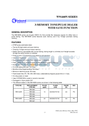 W91460N datasheet - 3-MEMORY TONE/PULSE DIALER WITH SAVE FUNCTION