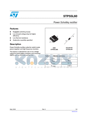 STPS5L60_08 datasheet - Power Schottky rectifier
