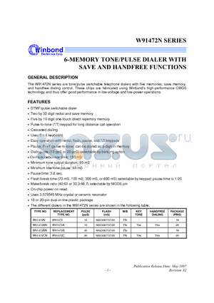 W91472CN datasheet - 6-MEMORY TONE/PULSE DIALER WITH SAVE AND HANDFREE FUNCTION