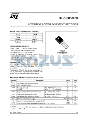 STPS6030CW datasheet - LOW DROP POWER SCHOTTKY RECTIFIER
