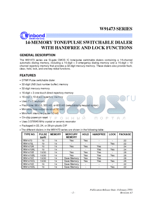 W91473AL datasheet - 14-MEMORY TONE/PULSE SWITCHABLE DIALER WITH HANDFREE AND LOCK FUNCTION