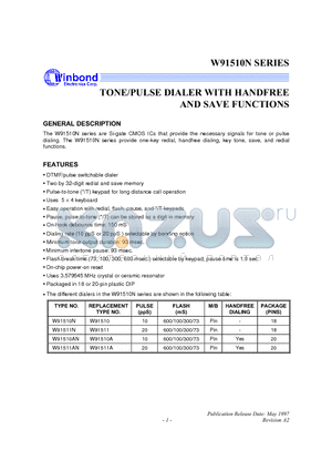 W91510AN datasheet - TONE/PULSE DIALER WITH HANDFREE AND SAVE FUNCTION