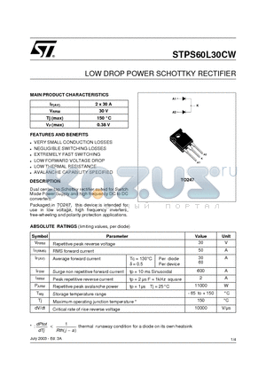 STPS60L30CW datasheet - LOW DROP POWER SCHOTTKY RECTIFIER