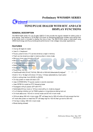 W91512DNF datasheet - TONE/PULSE DIALER WITH RTC AND LCD DISPLAY FUNCTION