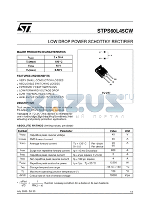 STPS60L45CW datasheet - LOW DROP POWER SCHOTTKY RECTIFIER