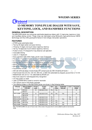 W91530N datasheet - 13-MEMORY TONE/PULSE DIALER WITH SAVE, KEYTONE, LOCK,AND  HANDFREE FUNCTION