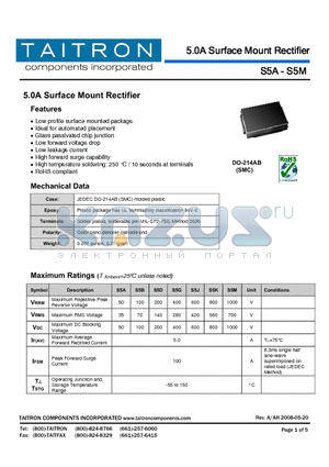 S5B datasheet - 5.0A Surface Mount Rectifier