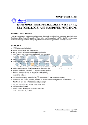 W91541LN datasheet - 10-MEMORY TONE/PULSE DIALER WITH SAVE, KEYTONE,LOCK AND HANDFREE FUNCTION