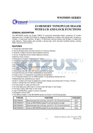 W91550DN datasheet - 13-MEMORY TONE/PULSE DIALER WITH LCD AND LOCK FUNCTION