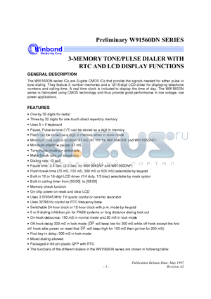 W91560DN datasheet - 3-MEMORY TONE/PULSE DIALER WITH RTC AND LCD DISPALY  FUNCTIONS