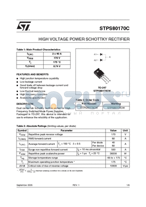 STPS80170CW datasheet - HIGH VOLTAGE POWER SCHOTTKY RECTIFIER