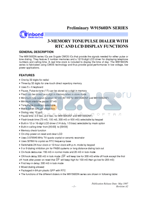 W91560DNH datasheet - 3-MEMORY TONE/PULSE DIALER WITH RTC AND LCD DISPALY  FUNCTIONS