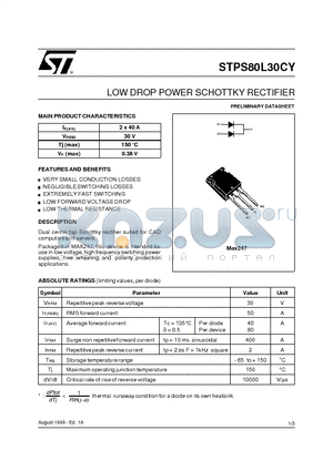 STPS80L30CY datasheet - LOW DROP POWER SCHOTTKY RECTIFIER