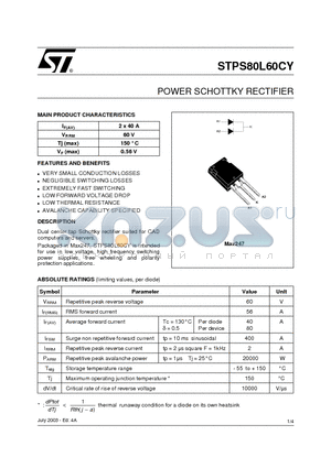STPS80L60CY datasheet - POWER SCHOTTKY RECTIFIER