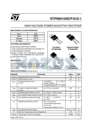 STPS8H100 datasheet - HIGH VOLTAGE POWER SCHOTTKY RECTIFIER