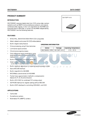 S5C7320X01-T0R0 datasheet - S5C7320X01 receives digital data from CCD-using video camera systems such as MMPC and surveillance cameras, and outputs combined video signals