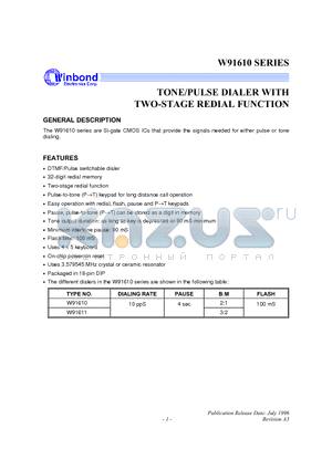 W91610 datasheet - TONE/PULSE DIALER WITH TWO-STAGE REDIAL FUNCTION