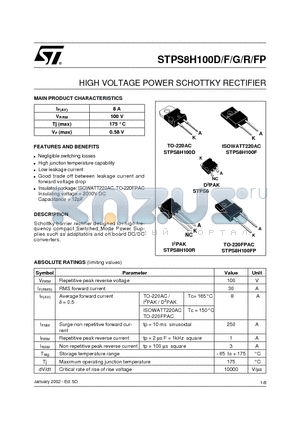 STPS8H100R datasheet - HIGH VOLTAGE POWER SCHOTTKY RECTIFIER