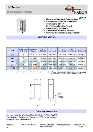 UV-3 datasheet - Ceramic Wirewound Resistors