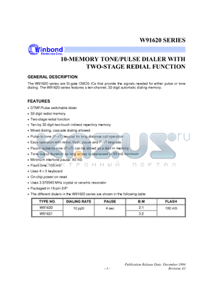 W91621 datasheet - 10-MEMORY TONE/PULSE DIALER WITH TWO-STAGE REDIAL FUNCTION