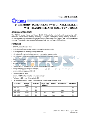 W91580C datasheet - 24-MEMORY TONE/PULSE SWITCHABLE DIALER WITH HANDFREE AND HOLD FUNCTIONS