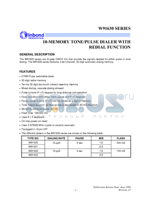 W91631 datasheet - 10-MEMORY TONE/PULSE DIALER WITH REDIAL FUNCTION