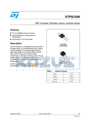 STPSC406B-TR datasheet - 600 V power Schottky silicon carbide diode