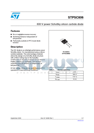 STPSC806 datasheet - 600 V power Schottky silicon carbide diode