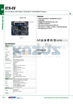 TF-XTX-CV-A10 datasheet - XTX CPU Module with Onboard Intel Atom D2550/N2600 Processor