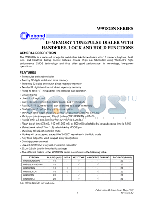 W91820ALN datasheet - 13-MEMORY TONE/PULSE DIALER WITH HANDFREE, LOCK AND HOLD FUNCTIONS