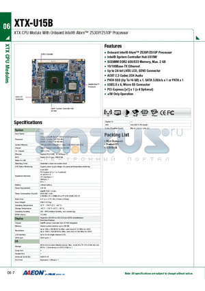 TF-XTX-U15B-A10-02 datasheet - XTX CPU Module With Onboard Intel^ Atom Z530P/Z510P Processor