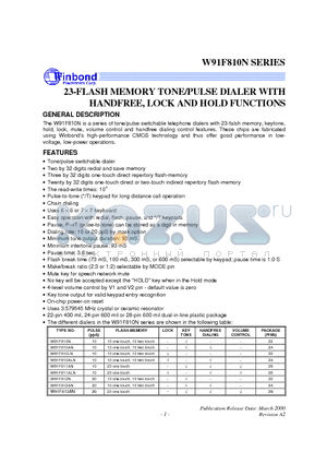 W91F810LN datasheet - 23-FLASH MEMORY TONE/PULSE DIALER WITH HANDFREE, LOCK AND HOLD FUNCTIONS