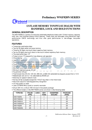 W91F822AN datasheet - 13-FLASH MEMORY TONE/PULSE DIALER WITH HANDFREE, LOCK AND HOLD FUNCTIONS