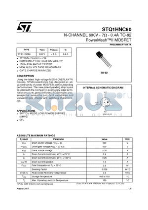 STQ1HNC60 datasheet - N-CHANNEL 600V - 7ohm - 0.4A TO-92 PowerMeshII MOSFET