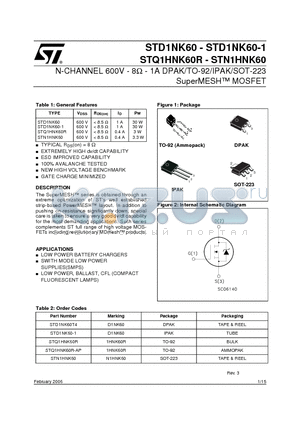 STQ1HNK60R-AP datasheet - N-CHANNEL 600V - 8Y - 1A DPAK/TO-92/IPAK/SOT-223 SuperMESH MOSFET