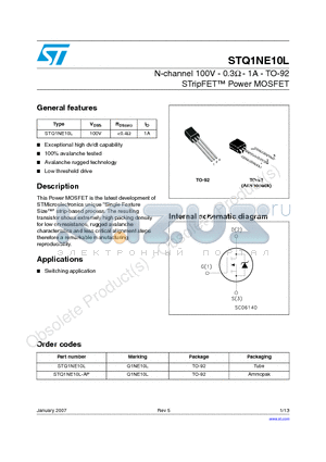 STQ1NE10L datasheet - N-channel 100V - 0.3Y - 1A - TO-92 STripFET Power MOSFET